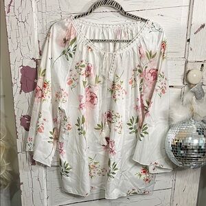 Floral White Blouse with pink flowers and vibrant greenery 2XL 100% Polyester